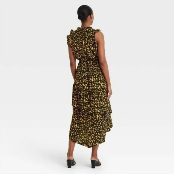 Who What Wear Textured Animal Print Ruffle Dress M 8 10 Black Gold Midi Vacation - Picture 5 of 16